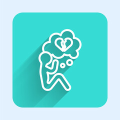 White line Broken heart or divorce icon isolated with long shadow background. Love symbol. Valentines day. Green square button. Vector