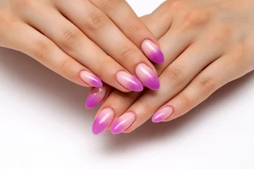 Rolgordijnen Ombre on the nails. French lilac manicure on long oval nails on a white background close-up. © dina_shuba