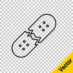 Black line Broken skateboard deck icon isolated on transparent background. Extreme sport. Sport equipment. Vector