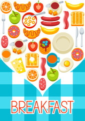 Healthy breakfast background. Various food and drinks. Illustration for cafes, restaurants and hotels.