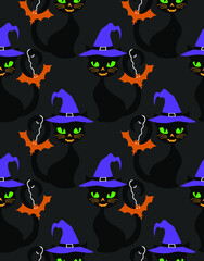 Abstract Hand Drawing Witch Halloween Cat Seamless Vector Pattern Isolated Background
