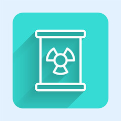 White line Radioactive waste in barrel icon isolated with long shadow background. Toxic refuse keg. Radioactive garbage emissions, environmental pollution. Green square button. Vector