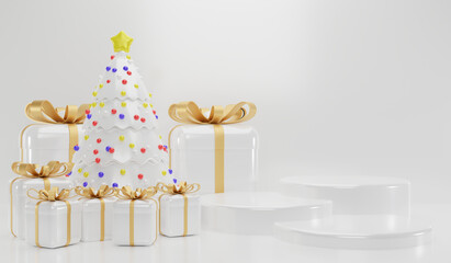 Merry Christmas display podium background with christmas tree and gift box. 3d rendering