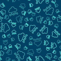 Green line Cloud with rain icon isolated seamless pattern on blue background. Rain cloud precipitation with rain drops. Vector