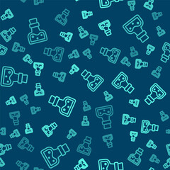 Green line Bottle with potion icon isolated seamless pattern on blue background. Flask with magic potion. Happy Halloween party. Vector