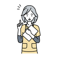 立って書類を手に持って何かひらめいた看護師の女性