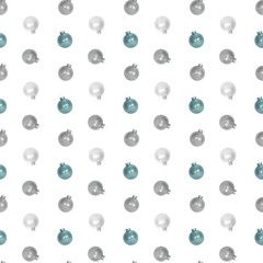 Christmas ball Seamless Background on White,  glass white, gray and blue Christmas ornaments, mockup paper for wrapping new year gifts