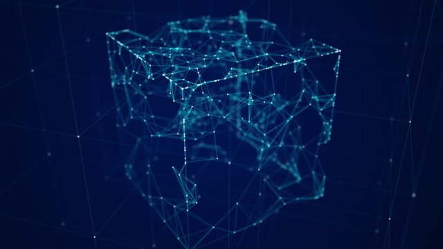 Abstract wireframe cube. Digital blockchain concept. Futuristic blue background with dots and lines. 3D rendering.