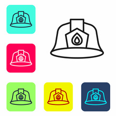 Black line Firefighter helmet or fireman hat icon isolated on white background. Set icons in color square buttons. Vector