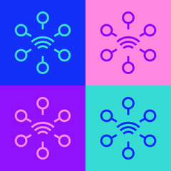 Pop art line Network icon isolated on color background. Global network connection. Global technology or social network. Connecting dots and lines. Vector