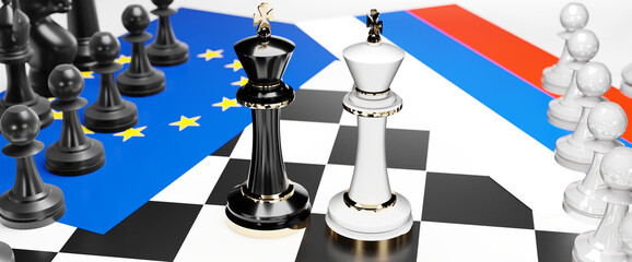 EU Europe and Russia conflict, clash, crisis and debate between those two countries that aims at a trade deal and dominance symbolized by a chess game with national flags, 3d illustration