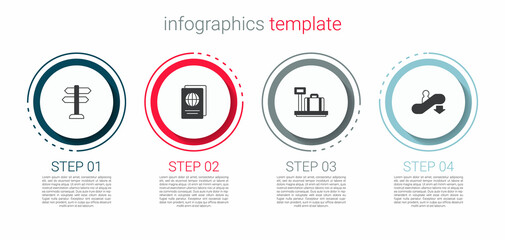 Set Road traffic sign, Passport, Scale with suitcase and Escalator down. Business infographic template. Vector