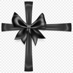 Beautiful black bow with crosswise ribbons with shadow, isolated on transparent background. Transparency only in vector format