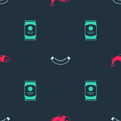 Set Dried fish, Sausage and Beer can on seamless pattern. Vector