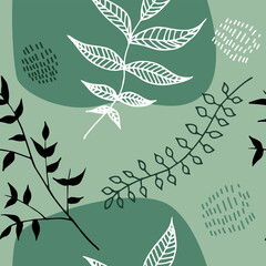 Vector Leaves seamless Pattern design. Twigs with foliage on a green background. Modern vector illustration.