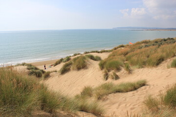 Camber sands East Sussex UK - view of Camber Sand dunes with sky and sea dunes held together with grasses stopping sand blowing away