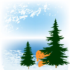 Fir trees, red fox, interesting winter landscape - art illustration - vector. New Year. Christmas.