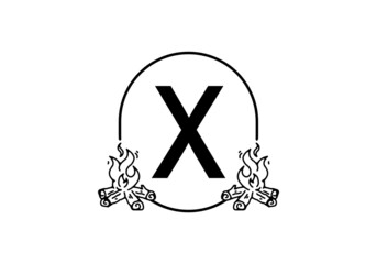 Black line art of bonfire with X initial letter