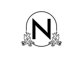 Black line art of bonfire with N initial letter