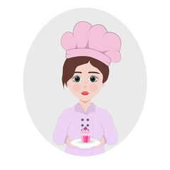 Chef cartoon girl in a pink chef hat with a cake