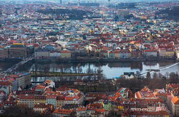 Obraz premium Rooftop view over historical center of Prague, Czech republic, Prague Castle. Romantic travel destination. Vintage filter of image.