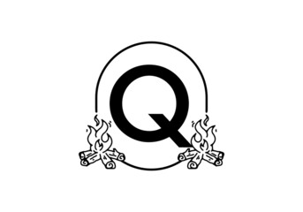 Black line art of bonfire with Q initial letter