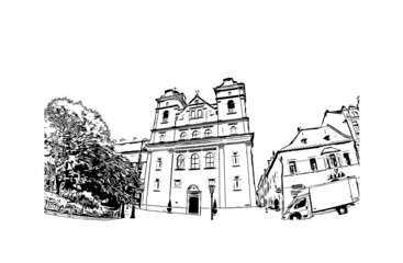 Building view with landmark of Kosice is a city in eastern Slovakia. Hand drawn sketch illustration in vector.