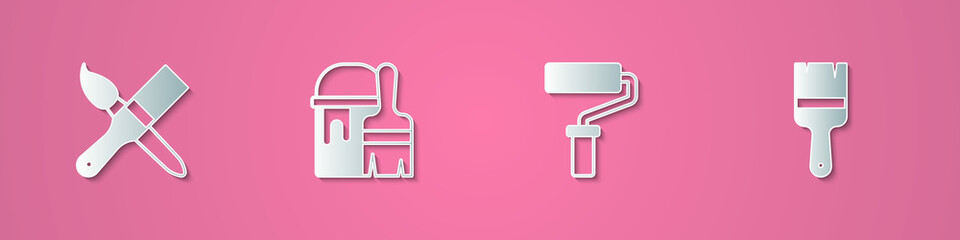Set paper cut Paint brush, bucket with, roller and icon. Paper art style. Vector