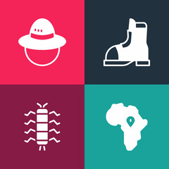 Set pop art Map of Africa, Centipede insect, Hunter boots and Camping hat icon. Vector