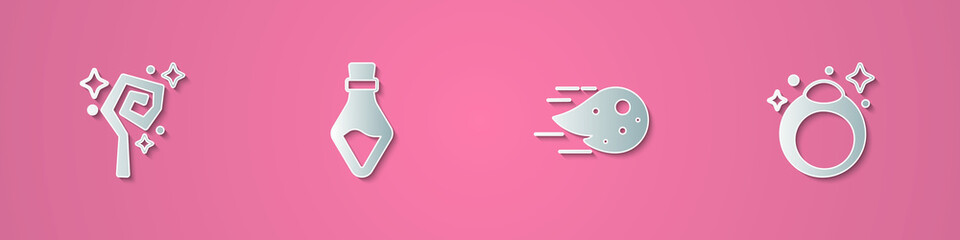 Set paper cut Magic staff, Bottle with potion, Fireball and stone ring icon. Paper art style. Vector