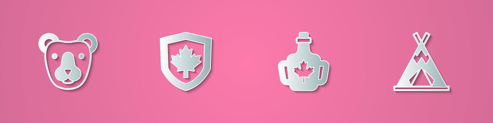 Set paper cut Bear head, Canada flag on shield, Bottle of maple syrup and Indian teepee or wigwam icon. Paper art style. Vector © Kostiantyn