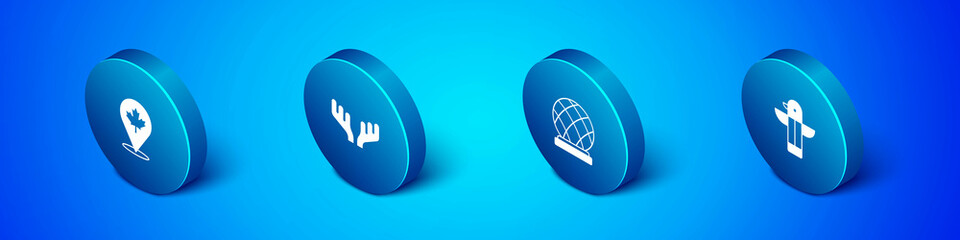 Set Isometric Canadian maple leaf, Montreal Biosphere, totem pole and Deer antlers icon. Vector