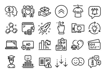Vector set of Smile, Laptop and Love couple line icons set. Calendar report, Money wallet and Credit card tag. Recovery computer, Pay and Idea icons. Vector