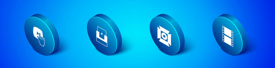 Set Isometric Online play video, Movie spotlight, Play and Cinema chair icon. Vector