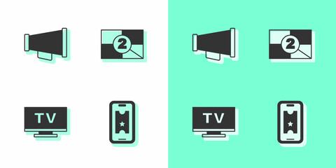Set Buy cinema ticket online, Megaphone, Smart Tv and Old film movie countdown frame icon. Vector