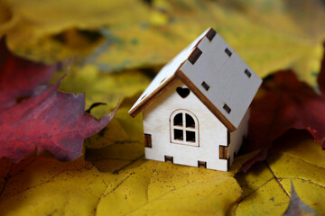 Wooden house model on maple leaves background. Concept of country cottage, housing search in autumn, real estate in ecologically clean area