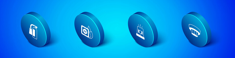 Set Isometric Fire extinguisher, Flasher siren, Smoke alarm system and Electric wiring of socket fire icon. Vector