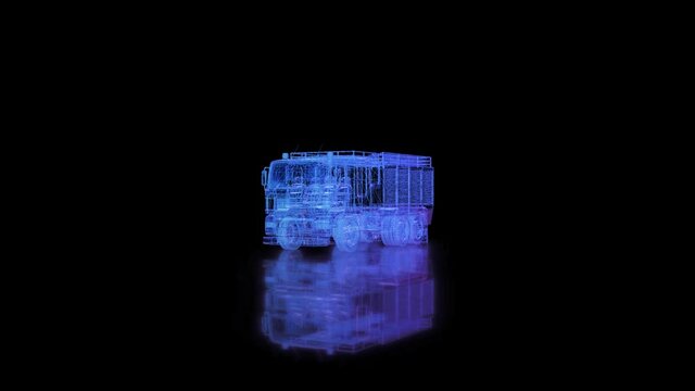 Fire Engine 3d x-ray model. Firetruck digital hologram 3d model.