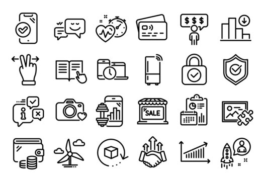 Vector set of Cardio training, Decreasing graph and Startup line icons set. Calendar report, Money wallet and Credit card tag. Fitness app, Windmill turbine and Chart icons. Vector