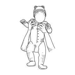 Drawing, engraving, ink, line art, vector illustration loving family mother hands holding her baby sketch in silhouette on a white background.