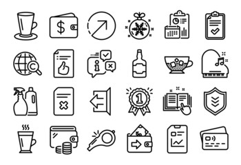 Vector set of Latte, Approved document and Wallet line icons set. Calendar report, Money wallet and Credit card tag. Whiskey bottle, Cold coffee and Whistle icons. Vector