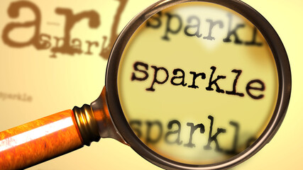 Sparkle and a magnifying glass on English word Sparkle to symbolize studying, examining or searching for an explanation and answers related to a concept of Sparkle, 3d illustration