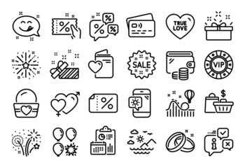 Vector set of Balloon dart, Wedding rings and Fireworks explosion line icons set. Calendar report, Money wallet and Credit card tag. Sale bags, Present and Ice cream icons. Vector