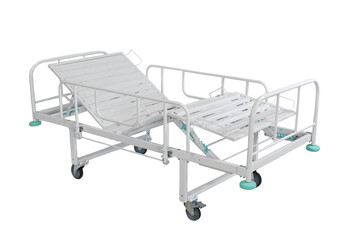 A medical bed for a hospital or nursing home. White background.