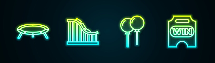 Obraz premium Set line Jumping trampoline, Roller coaster, Balloons with ribbon and Circus ticket. Glowing neon icon. Vector