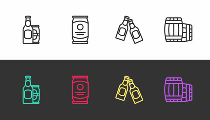Set line Beer bottle and beer can, , and Wooden barrel on black and white. Vector