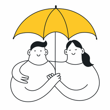 A cute couple is hugging under the umbrella. Romantic relationship, protection from problems, support, care and love. Thin line vector illustration on white background.