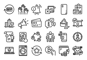 Vector set of Washing machine, Loyalty points and Smartphone cover line icons set. Calendar report, Money wallet and Credit card tag. Recovery hdd, Checkbox and Group icons. Vector