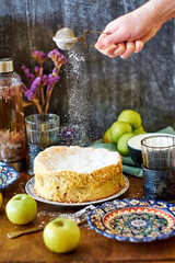 Charlotte apple pie, sprinkled with powdered sugar. Side view, wooden background