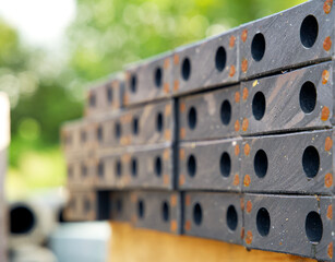 Close-up of circular construction material made from re-used waste plastics on a recycling plant